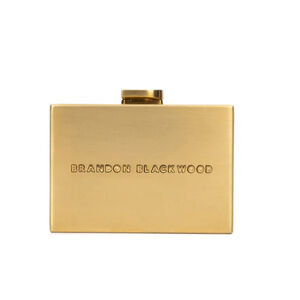 Brandon Blackwood Mini Metal Minaudière Evening Bag in Gold with Chain